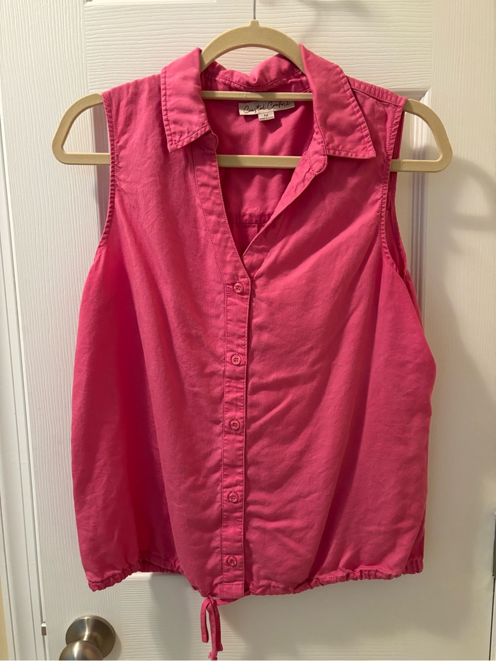 Coastal Comfort Bright Pink Sleeveless Button-Down Drawstring Top